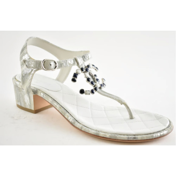 Chanel 20P White Silver CC Logo Mule Strap Thong Sandal Block Heel Flat 36.5c - Picture 9 of 12